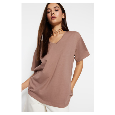 Trendyol Mink 100% Bavlna Oversize/Široký Strih V-výstrih Pletené Tričko