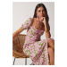 Happiness İstanbul Women's Pink Green Floral Slit Summer Viscose Dress