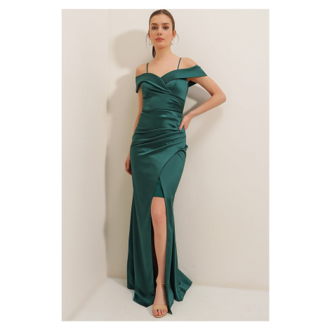 Autor: Saygı Lodná sukňa s výstrihom plisovaná podšívka dlhé šaty zo saténového smaragdu