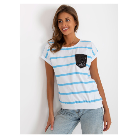 White and blue striped blouse with decorative pocket