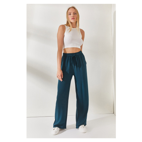 Olalook Women's Petrol Blue Belted Woven Viscon Palazzo Trousers