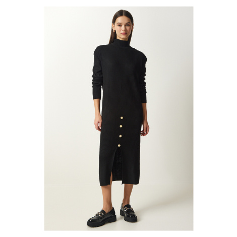 Happiness İstanbul Women's Black Button Detailed Ribbed Knitwear Dress