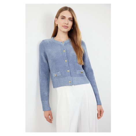 Trendyol Blue Crop Premium Yarn/Special Yarn Pocket Detailed Jacket-Look Knitwear Cardigan