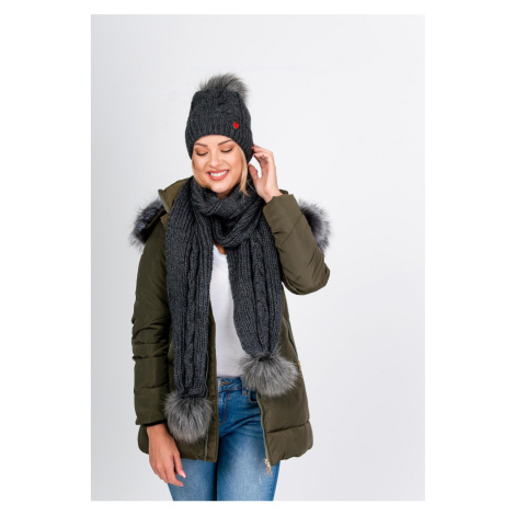 Women's winter set cap + scarf with pompoms - dark gray