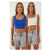 Happiness İstanbul Women's Dark Blue White Strappy Crop 2-Pack Knitted Blouse