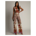 Patterned women's jumpsuit with wide leg beige