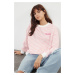 Trendyol Pink Striped Slogan Embroidered Oversize/Wide Fit Long Sleeve Knitted Sweatshirt