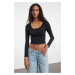 Trendyol Black Square Neck Lace Detailed Crop/Short Knitted Blouse