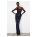 Trendyol Navy Blue Single Sleeve Knitted Sequin Long Evening Evening Dress