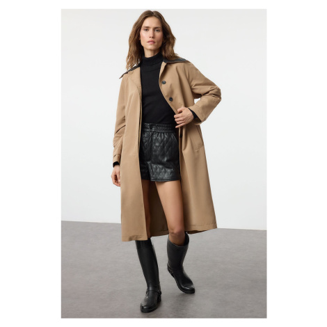 Trendyol Beige Regular Belted Faux Leather Detailed Long Trench Coat