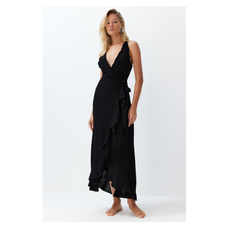 Trendyol Black Belted Midi Woven Flounce Beach Dress