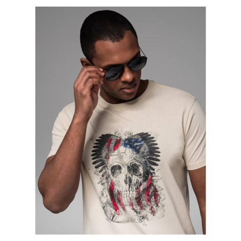Ombre Men's cotton t-shirt with rock style print - cream