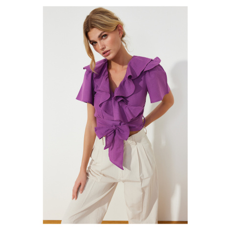 Trendyol Purple Ruffle and Tie Detailed Woven Blouse