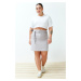 Trendyol Curve Gray High Waist Double Belt Detailed Woven Skirt