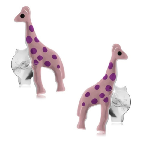 Strieborné náušnice 925, svetloružová glazúrovaná žirafa s fialovými bodkami