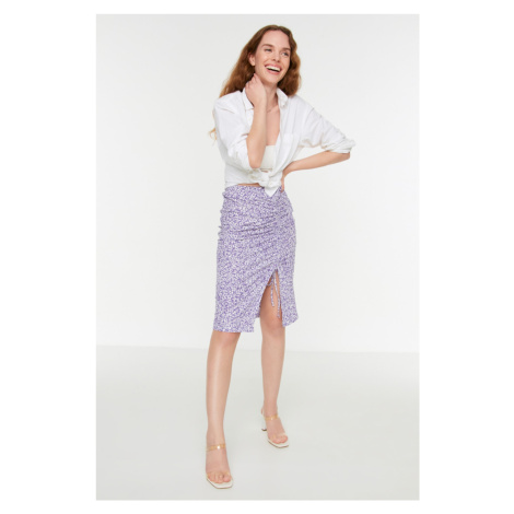 Trendyol Lilac Printed Mini Knitted Mini Skirt With Pleats and a Slit High Waist Fitted/Sleeping