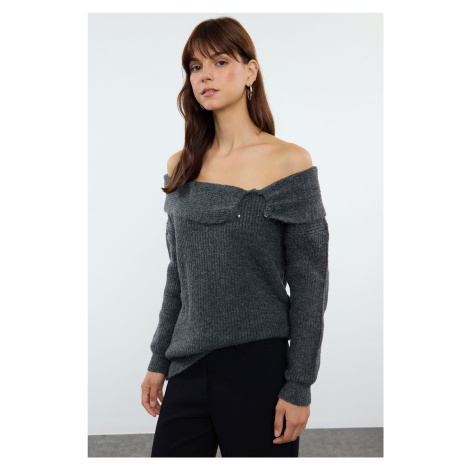 Trendyol Anthracite Soft Texture Carmen Collar Knitwear Sweater