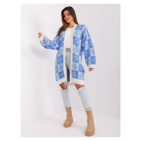 Blue and ecru women's cardigan with patterns