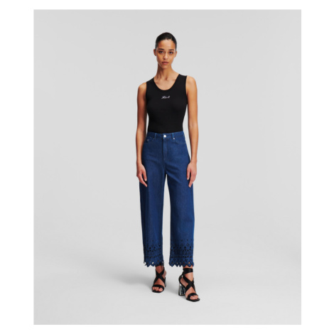 Džínsy Karl Lagerfeld Embroidered Denim Culottes Mid Blue Denim