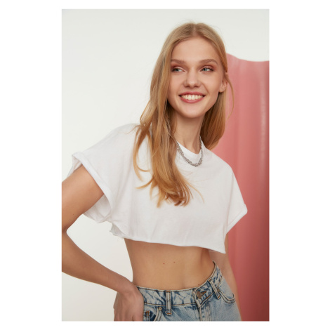 Trendyol White 100% Cotton Crew Neck Super Crop Knitted T-Shirt