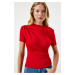 Happiness İstanbul Women's Red Gathered Detailed Viscose Blouse