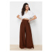 Trendyol Pleat Detailed Wide Leg Dark Brown Textured Fabric Woven Trousers