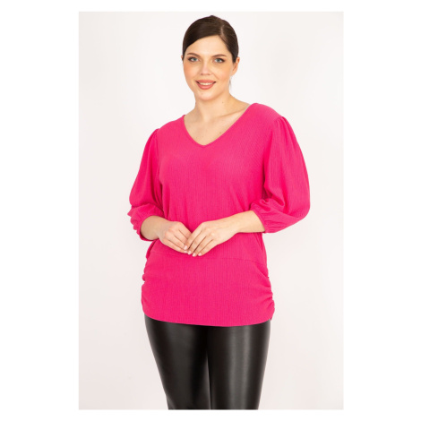 Şans Women's Pink Plus Size Crescent Fabric V Neck Hem Tape Capri Sleeve Tunic