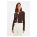 Trendyol Brown Zippered Fitted/Simple Crop Ribbed Stretch Knit Blouse