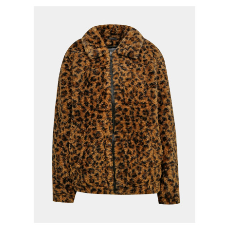 Hnedá bunda s leopardím vzorom a umelým kožúškom Noisy May Gabi