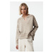 Trendyol Beige Wide Neck Detailed Striped Knitwear Sweater