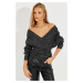 Cool & Sexy Women's Black-Silver Double Breasted Glittery Sweater