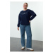 Trendyol Curve Navy Blue Crew Neck Button and Embroidered Fleece Inside Plus Size Knitted Sweats