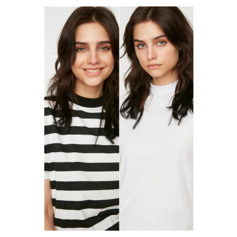 Trendyol White-Black and White Striped 2-Pack Basic Stand Up Collar Knitted T-Shirt