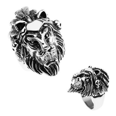 Prsteň z ocele 316L, strieborná farba, hlava leva, čelenka s pierkami, lebky - Veľkosť: 70 mm