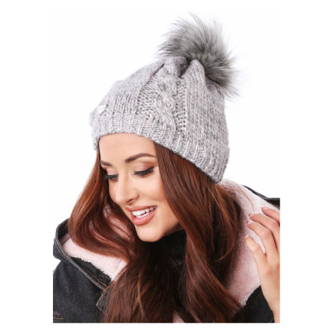 Winter cap with pompom, light gray with rose FASARDI