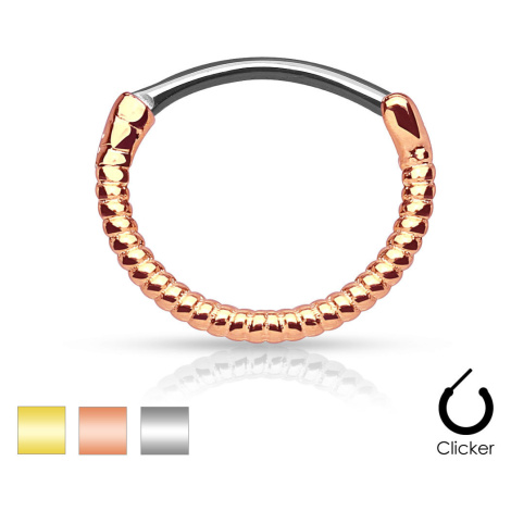Okrúhly piercing do nosa z ocele - vzor zatočeného lanka, zaklikávacie zapínanie - Farba: Zlatá