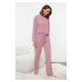 Trendyol Dusty Rose Tie/Bow Detailed Ribbed Knitted Pajama Set