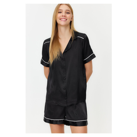 Trendyol Black Piping Detailed Satin Woven Pajama Set