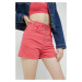 Rifľové krátke nohavice Tommy Jeans dámske, ružová farba, jednofarebné, vysoký pás