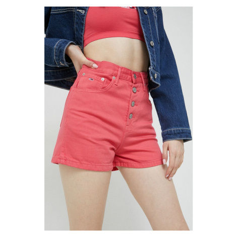 Rifľové krátke nohavice Tommy Jeans dámske, ružová farba, jednofarebné, vysoký pás Tommy Hilfiger