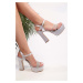 Shoeberry Women's Pien Silver Satin Stones Platform Heels.