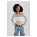 DEFACTO Fitted Crop Long Sleeve Lace White Blouse