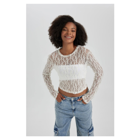 DEFACTO Fitted Crop Long Sleeve Lace White Blouse