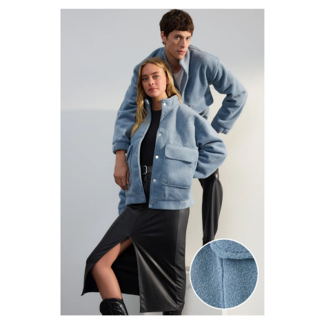 Trendyol Limited Edition Blue Regular Fit Stand Collar Pocket Detail Snap Soft Winter Coat