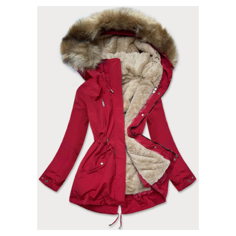 Červeno-tmavo béžová dámska zimná bunda s machovitým kožúškom (W553) MHM