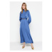 Trendyol Dark Blue Collar and Cuff Draped Detail Belted Woven Evening Dress