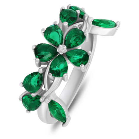 Brilio Silver Výrazný strieborný prsteň so zelenými zirkónmi RI066WG 58 mm