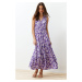 Trendyol Tmavo fialové kvetinové áčkové šaty s výstrihom do V bez rukávov z polyesteru maxi dĺžk