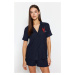 Trendyol Indigo Embroidered Viscose Shirt-Shorts Woven Pajamas Set