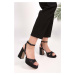 Shoeberry Women's Zea Black Satin Platform Heels